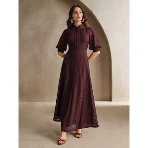 ANewsta NWT Women's Burgundy Lace Mock Neck Puff Sleeve Maxi Dress‎ Size L
